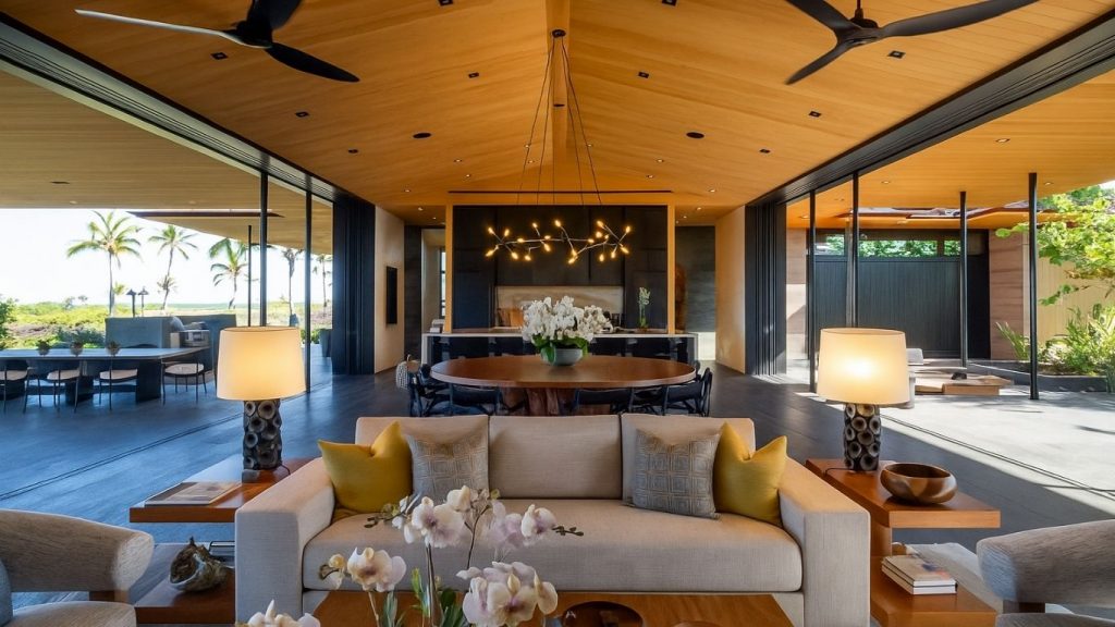 Indoor-outdoor great room with Pacific Ocean views at Hale Kai Apo, Kohanaiki