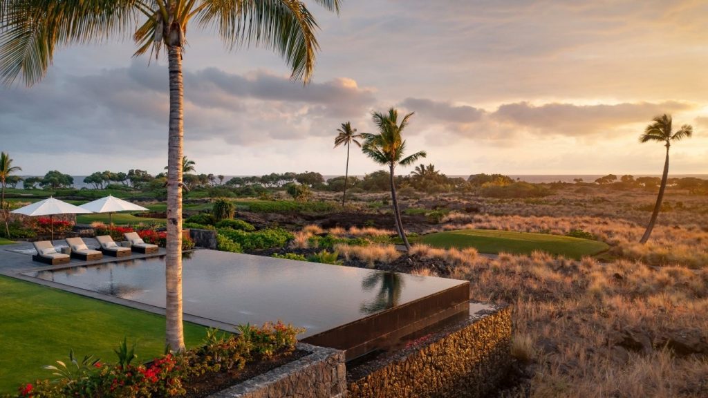 Fire pit and sunset lounge area at Hale Kai Apo, Kohanaiki