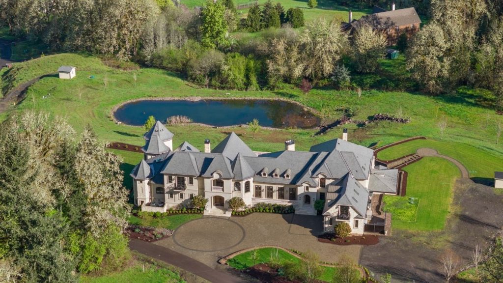 Twilight exterior Silverado Villa French Country castle Oregon